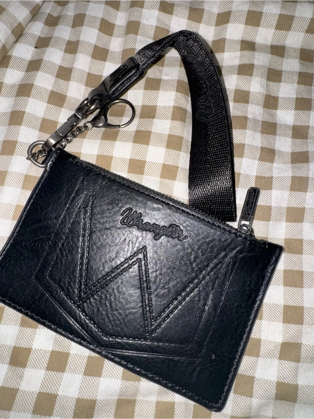 Wrangler Black Leather Wristlet Card Wallet with Brown Patch